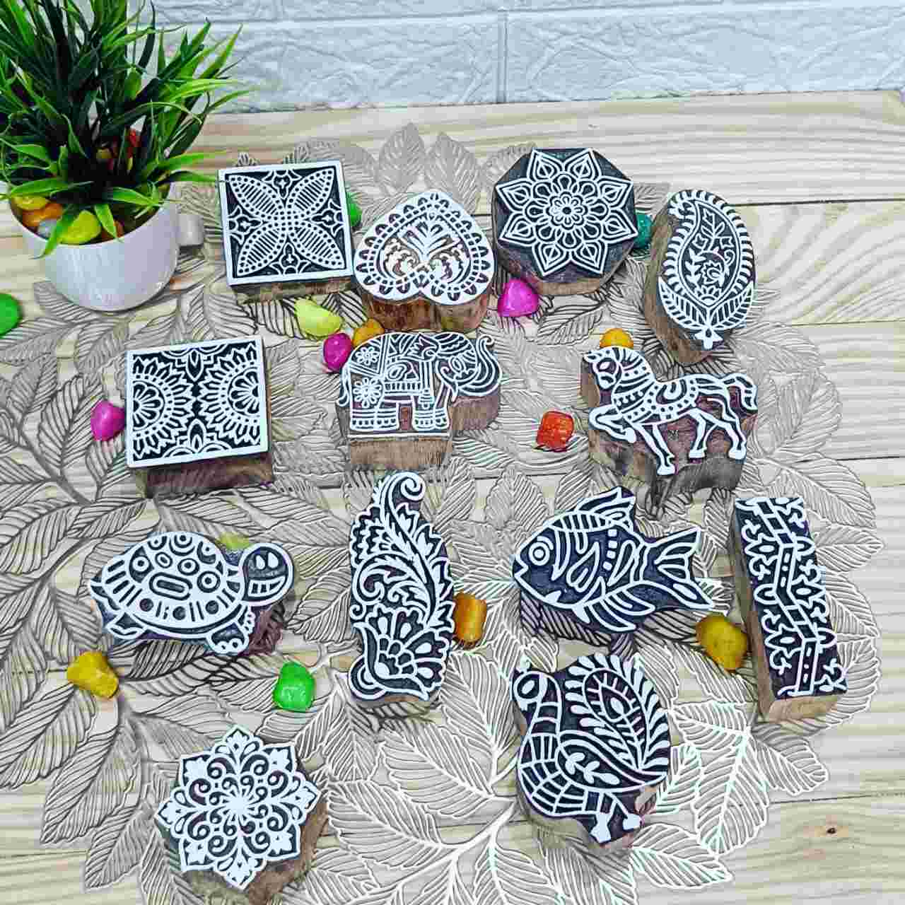 Handcrafted animals wooden printing stamps for unique designs and high-quality print on fabric, paper, clay, mehndi, use on any other surface