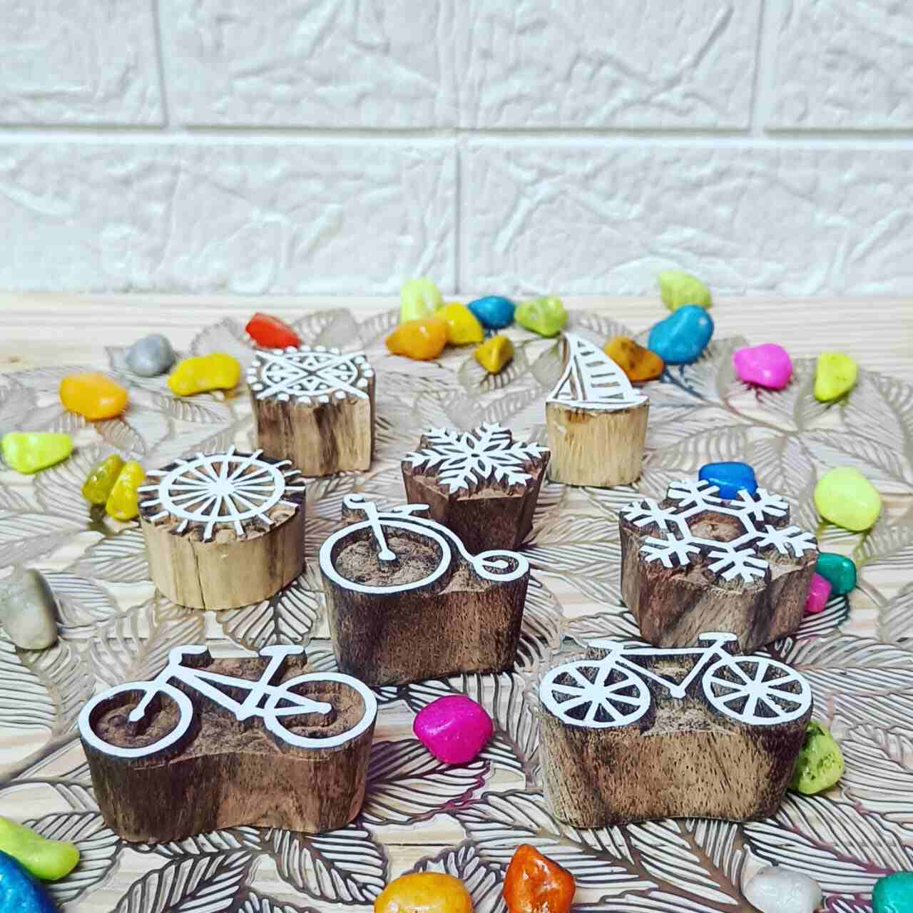 Handcrafted Wooden stamps cycle set for unique designs and high-quality print on fabric, paper, clay, mehndi, use on any other surface