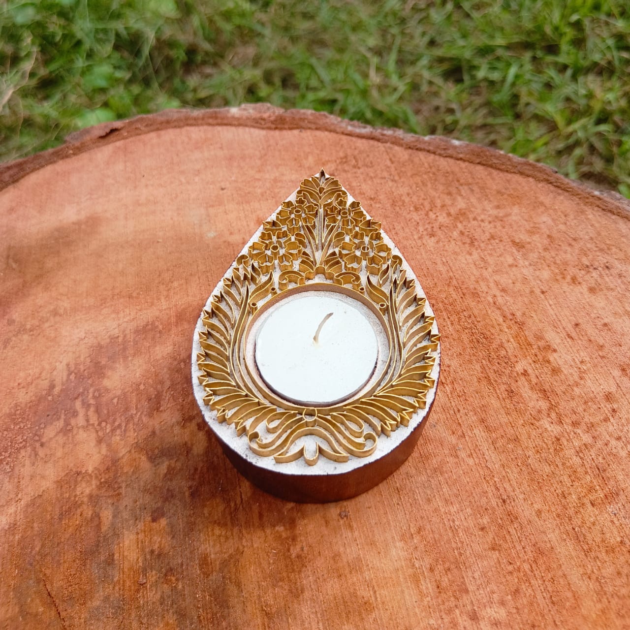 Brass candle holder, handcrafted wooden decor, home lighting, cozy ambiance, elegant design, rustic charm, Keep your home more attractive.