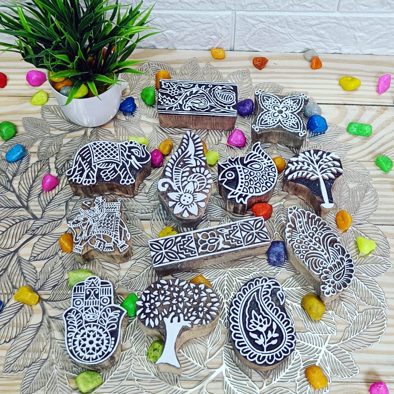 Handcrafted wooden stamps for unique designs and high-quality print on fabric, paper, clay, mehndi, use on any other surface