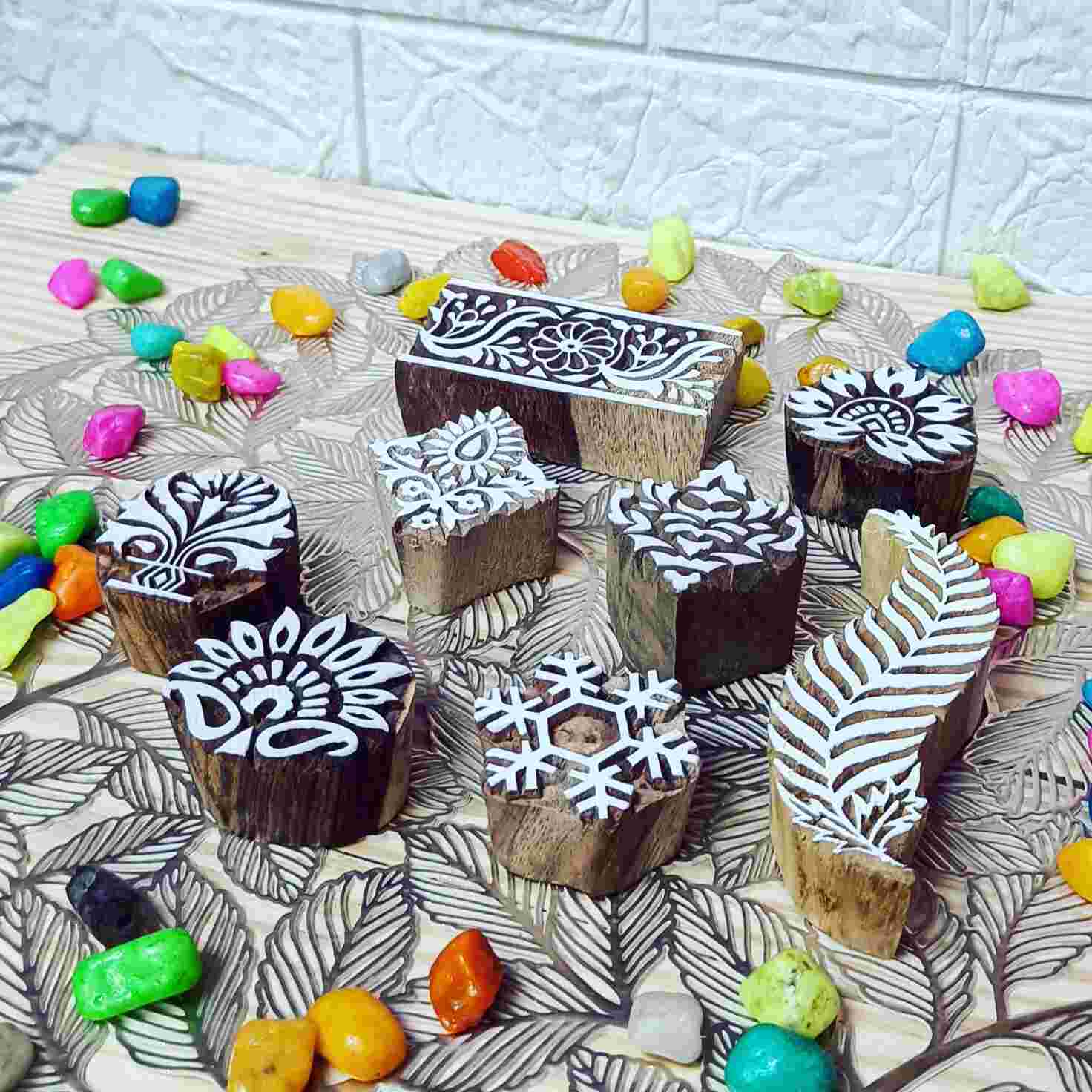 Handcrafted Flowers wooden Block Stamps for unique designs and high-quality print on fabric, paper, clay, mehndi, use on any other surface