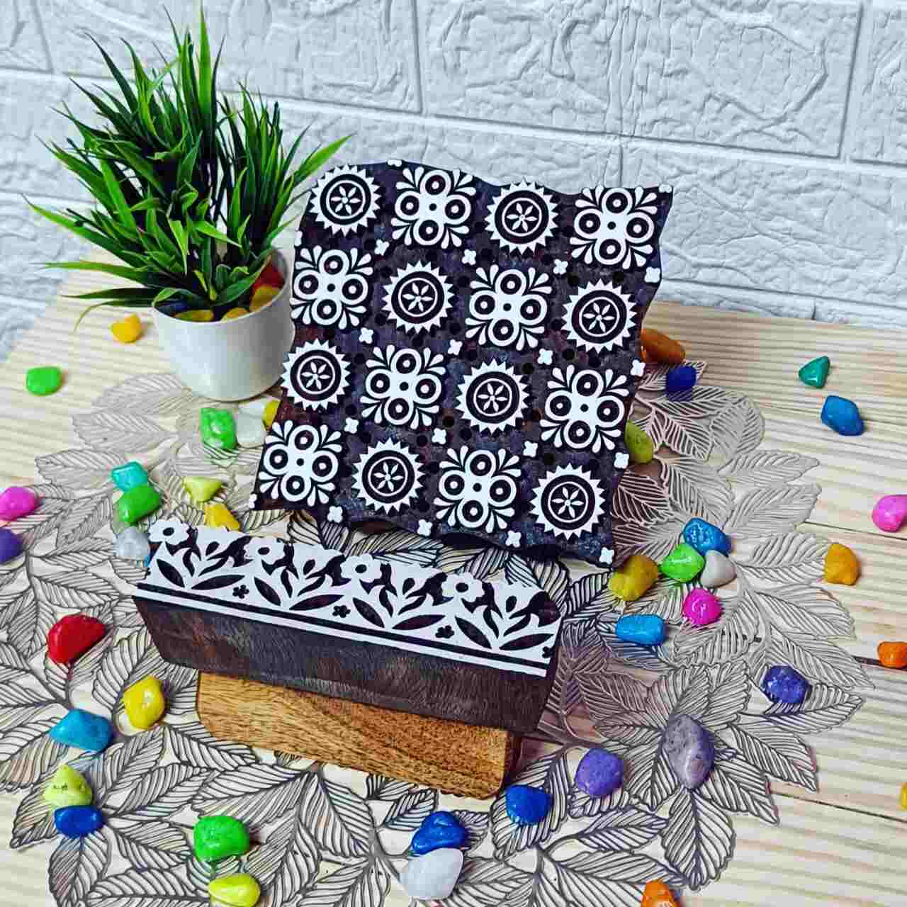 Our collection of handcrafted Jaal printing block stamps, featuring intricate designs and patterns for textile printing, paper crafting