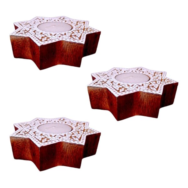 Star tealight candle holder wooden hand carved. (set of 3 pieces) - Image 2