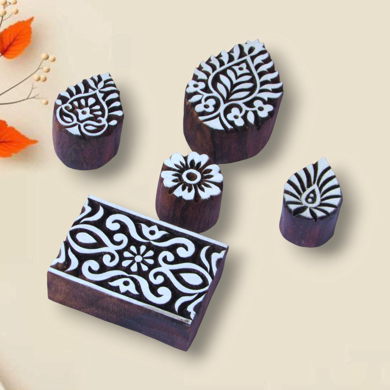 Handcrafted wooden border booti block set for unique designs and high-quality print on fabric, paper, clay, mehndi, use on any other surface