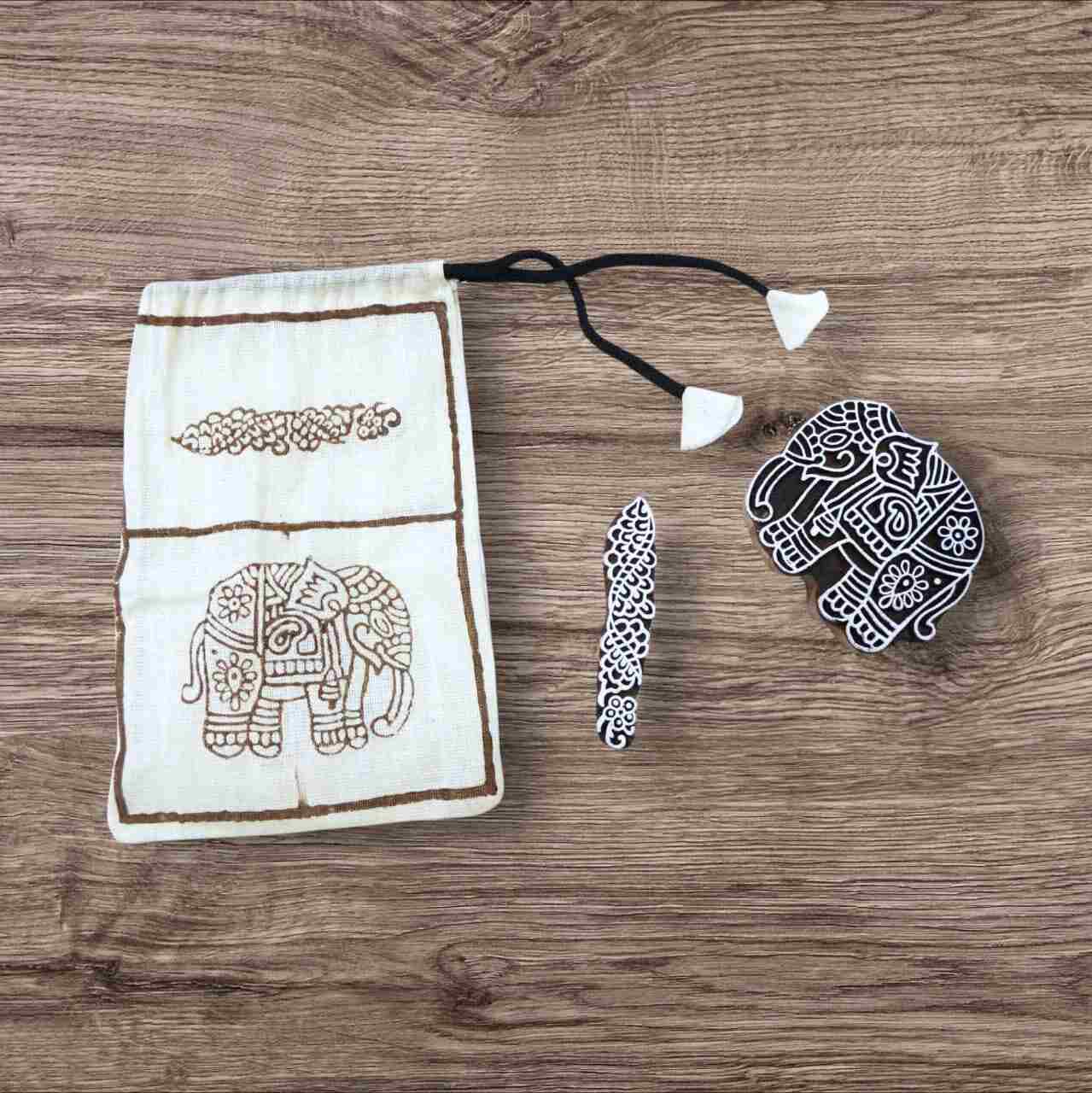 Handcrafted Wooden blocks elephant set for unique designs and high-quality print on fabric, paper, clay, mehndi, use on any other surface