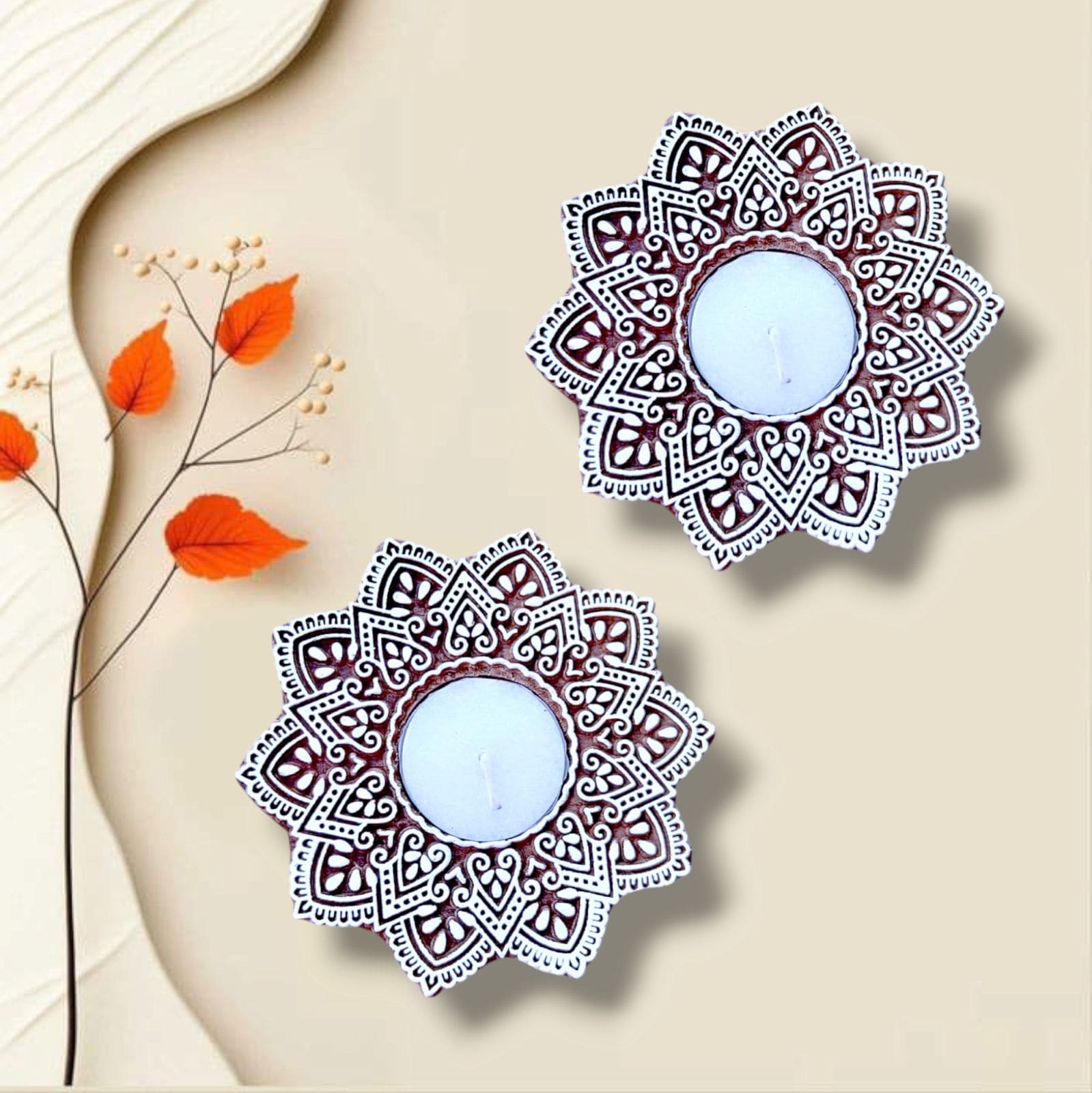 Mandala wooden candle holder wooden hand carved. (set of 2 pieces)