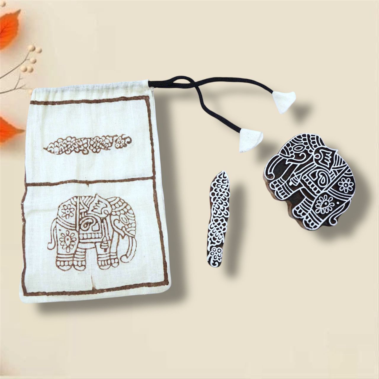 Handcrafted Wooden blocks elephant set for unique designs and high-quality print on fabric, paper, clay, mehndi, use on any other surface