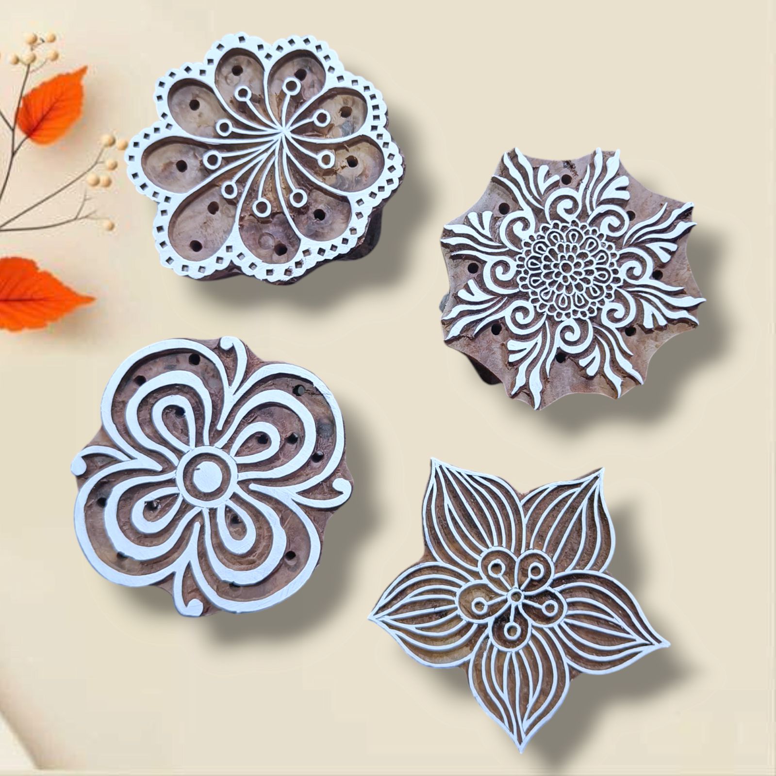 Handcrafted Carving Block flower Shape and high-quality wood blocks print on fabric, paper, clay, mehndi, use on any other surface