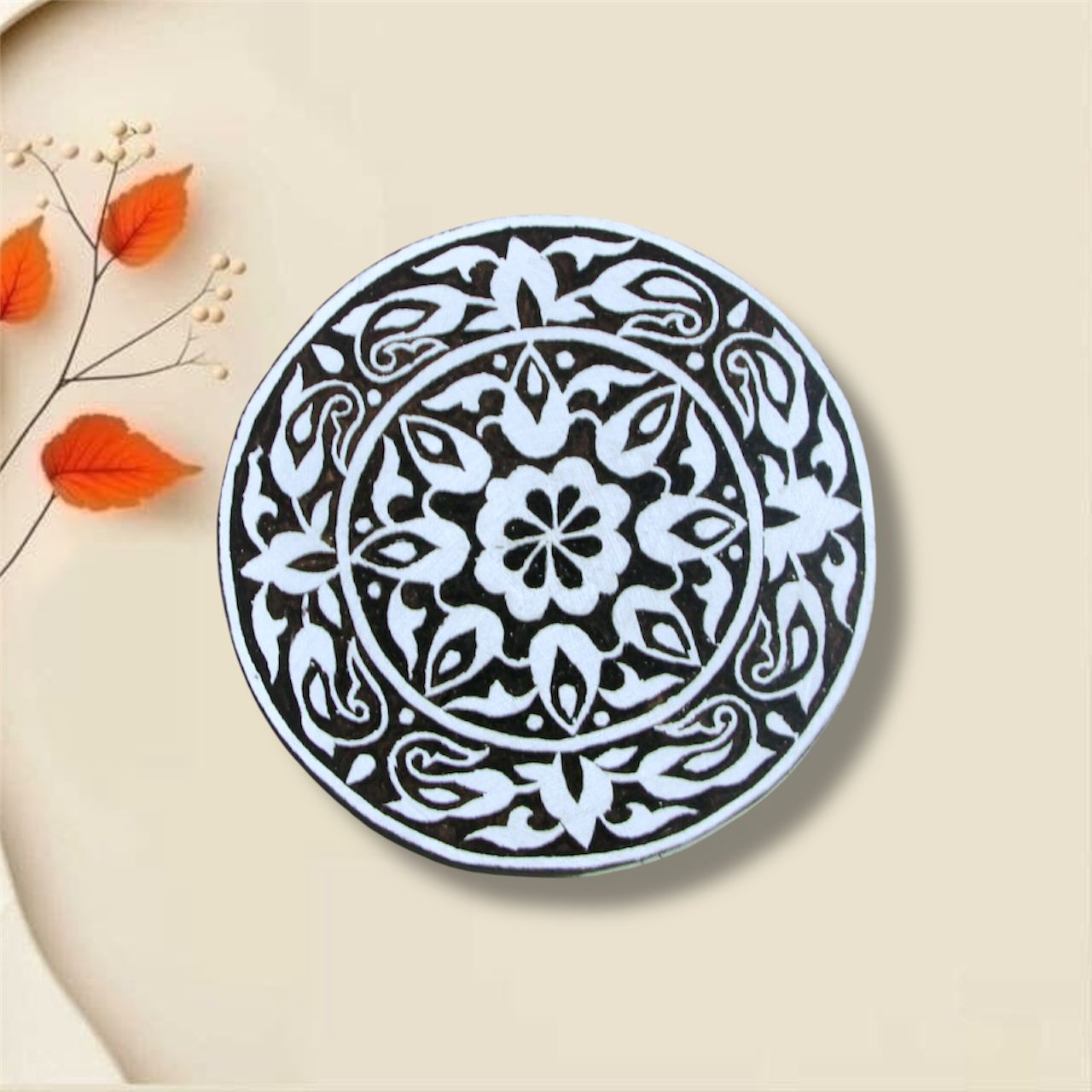 Handcrafted Wooden Stamp circle Shape and high-quality wood blocks print on fabric, paper, clay, mehndi, use on any other surface