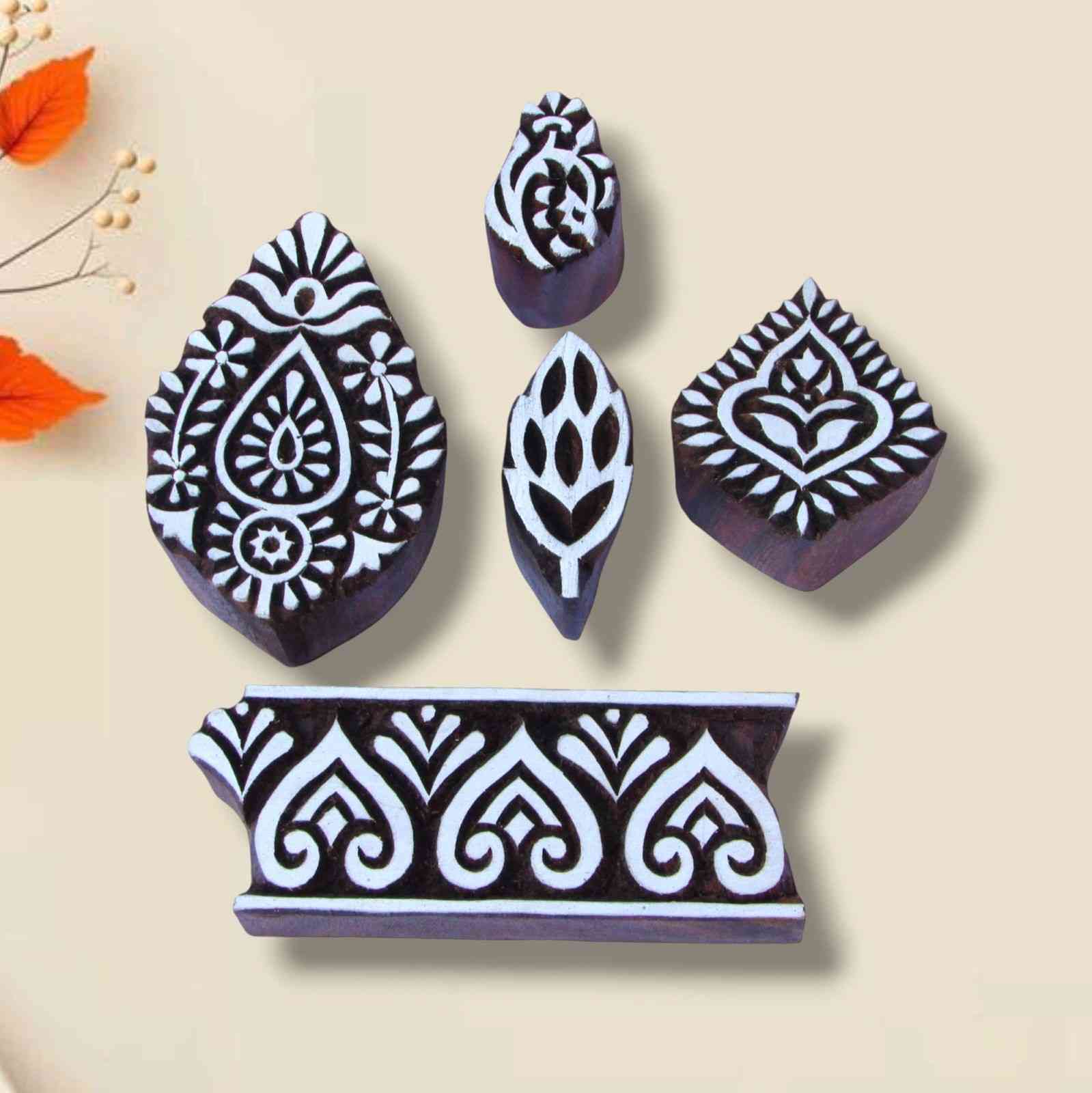 Handcrafted wooden printing stamps set for unique designs and high-quality print on fabric, paper, clay, mehndi, use on any other surface